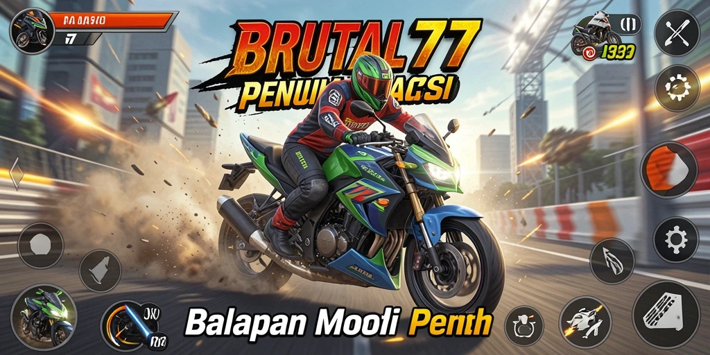 Gameplay seru di BRUTAL77 dengan balapan motor yang intens.