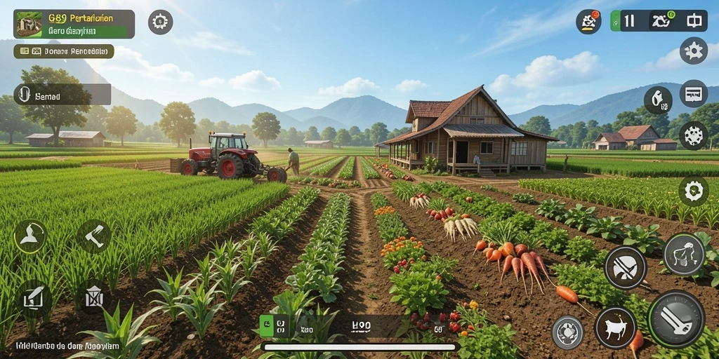 Screenshot H89 menampilkan ladang subur dan hewan ternak yang sehat.