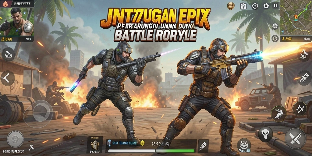Gameplay Battle Royale seru di dalam <strong>JNT777</strong> dengan karakter dan senjata yang beragam.